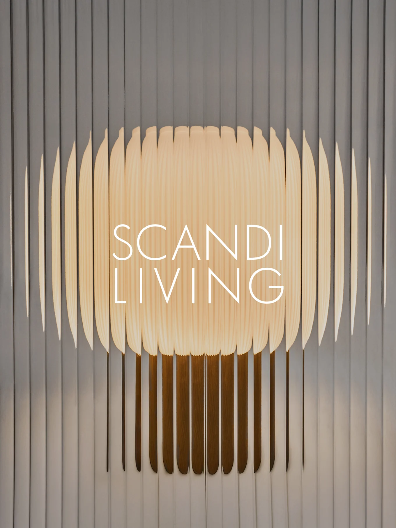 "SCANDI LIVING" text on a light wood slat wall art piece with a wave pattern against a gray ribbed background.