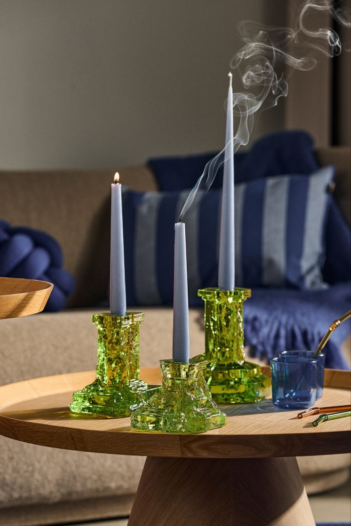 Green glass candlesticks from Kosta Boda in the Rocky Baroque series from Hanna Hansdotter.