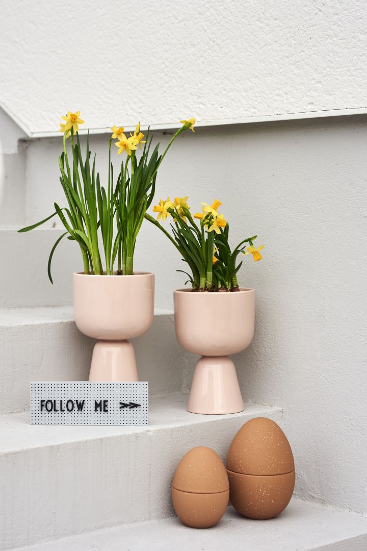 How to organise an egg hunt with clues this Easter - The Design Letters sign shows the way to two eggs from Cooee Design filled with Easter goodies. 