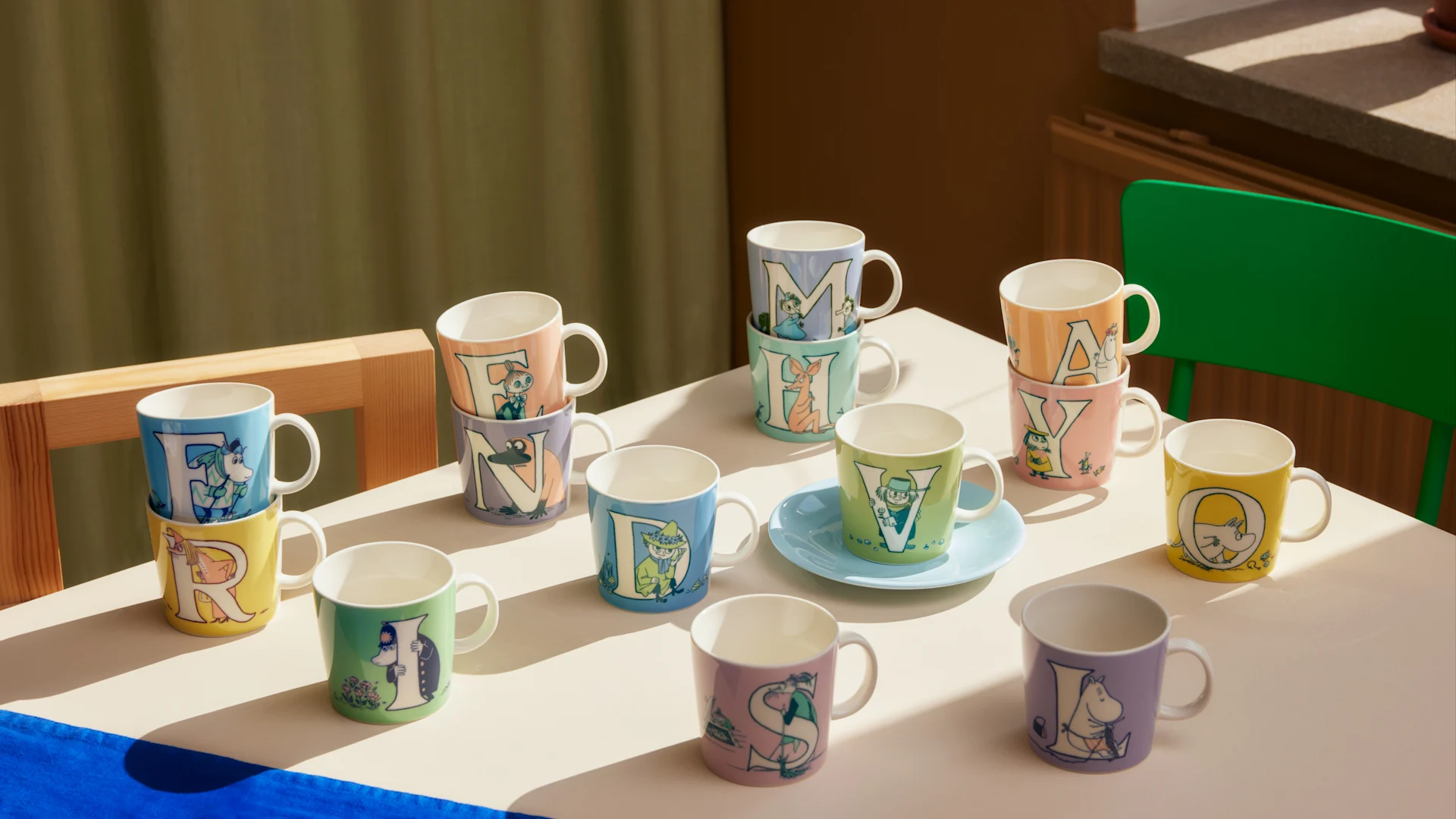 Here you can see a large part of the Moomin ABC collection on a table.