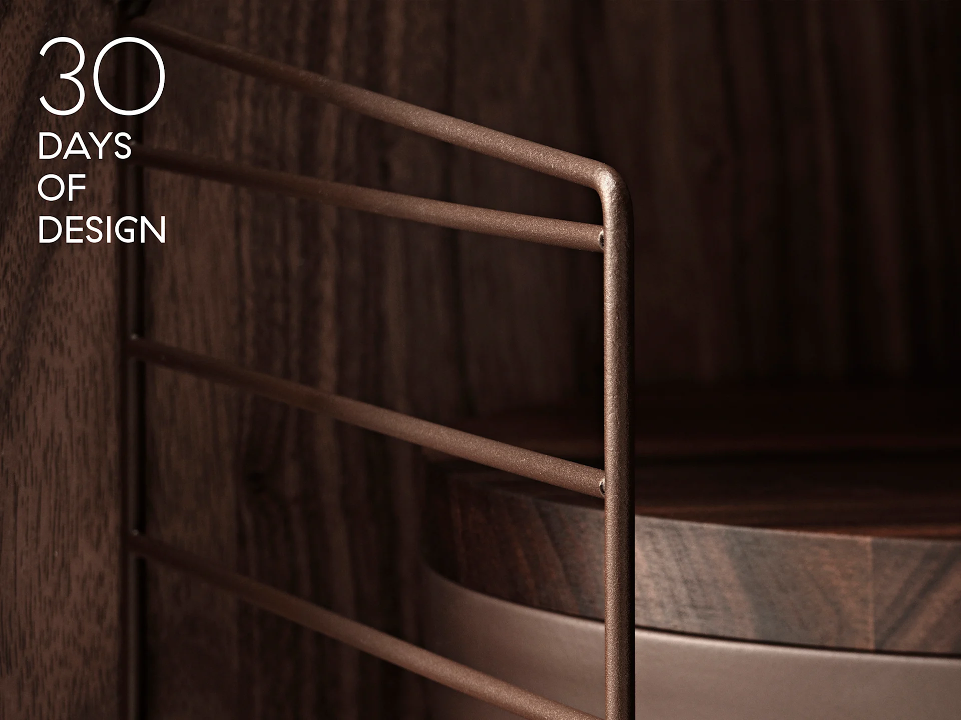 Text '30 DAYS OF DESIGN' over a dark wooden cabinet with a textured brown metal wire rack and a circular wooden shelf.