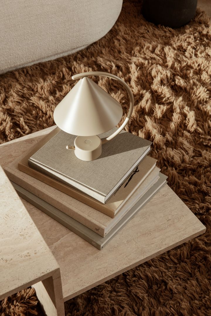 Ferm Living portable Meridian lamp in beige on Distinct marble table - two of our 7 beige interior desing favourites to invest in this autumn.