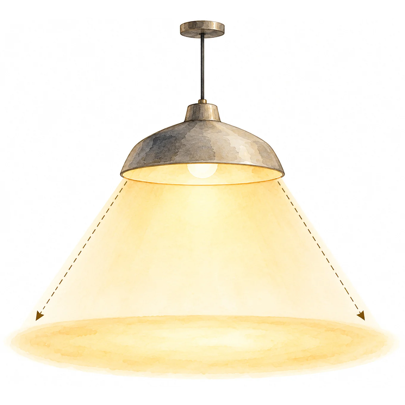 A pendant ceiling light with a metallic shade casting a wide, warm glow downwards.