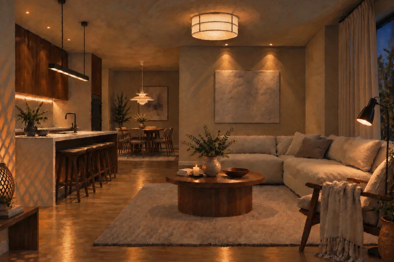 A modern, warm-lit open-plan kitchen, dining, and living room with a sectional sofa and wooden furniture.