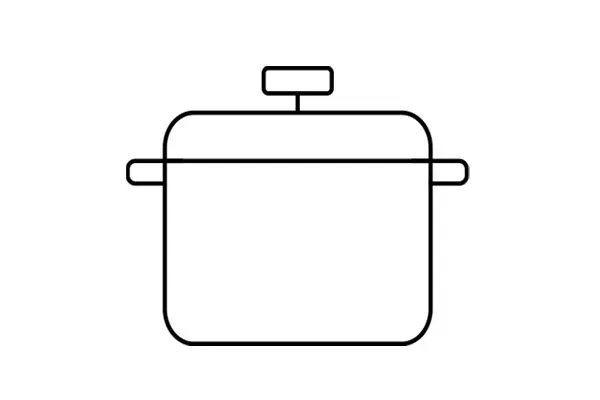 A simple line drawing of a cooking pot with a lid and two handles.