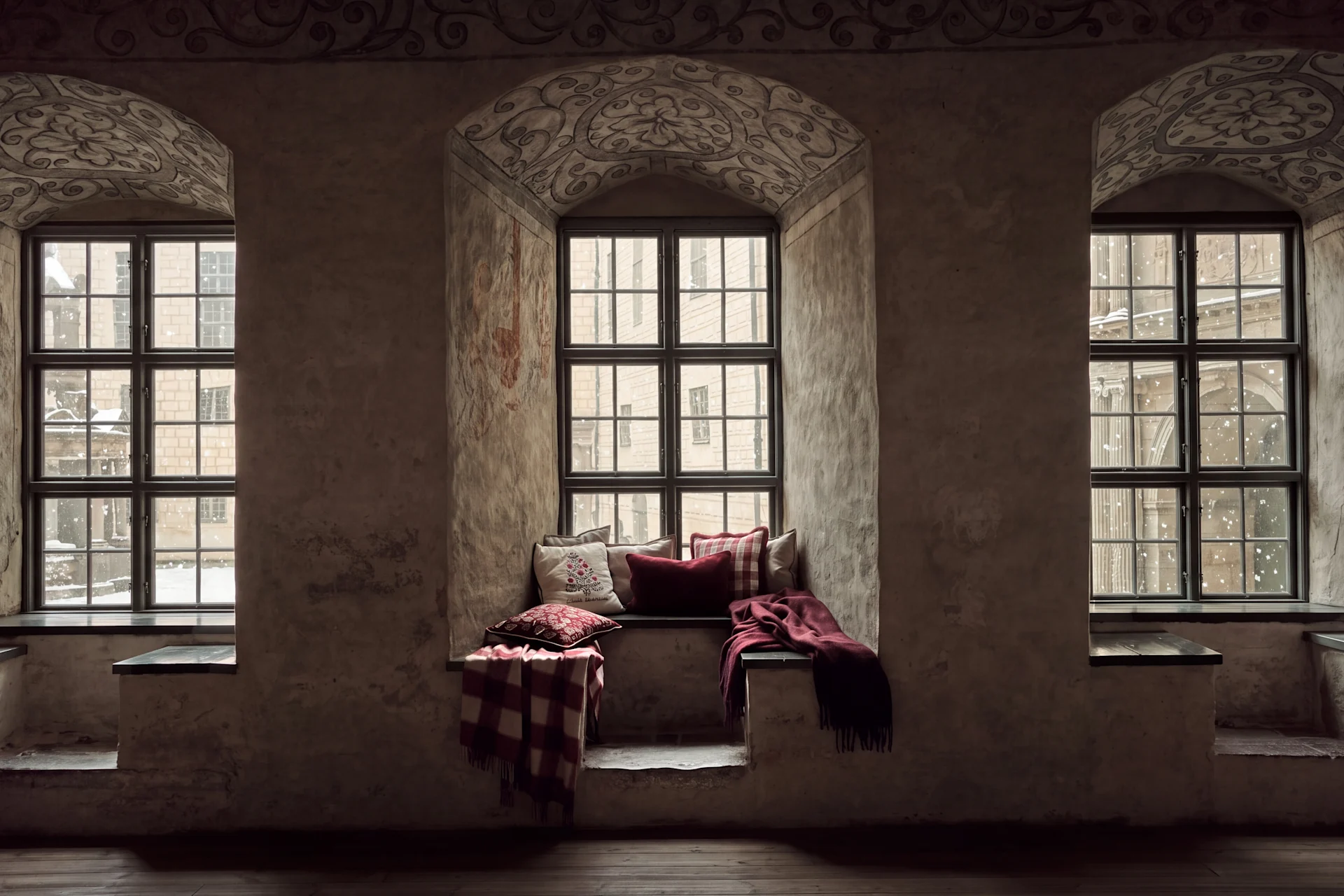 Cozy window seat in a historical building with decorative walls and snowfall outside.