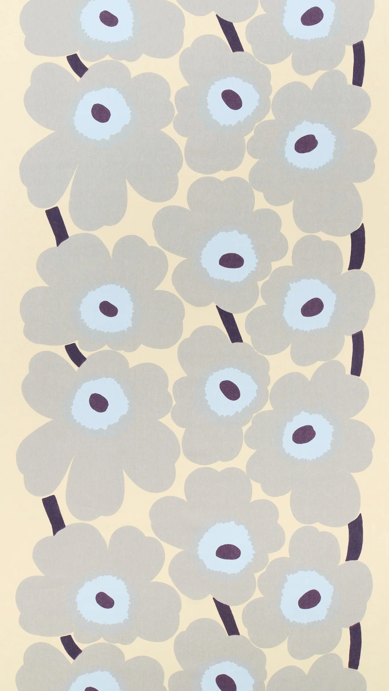 Repeating floral pattern featuring light gray flowers with light blue centers and dark purple pistils on a cream background.