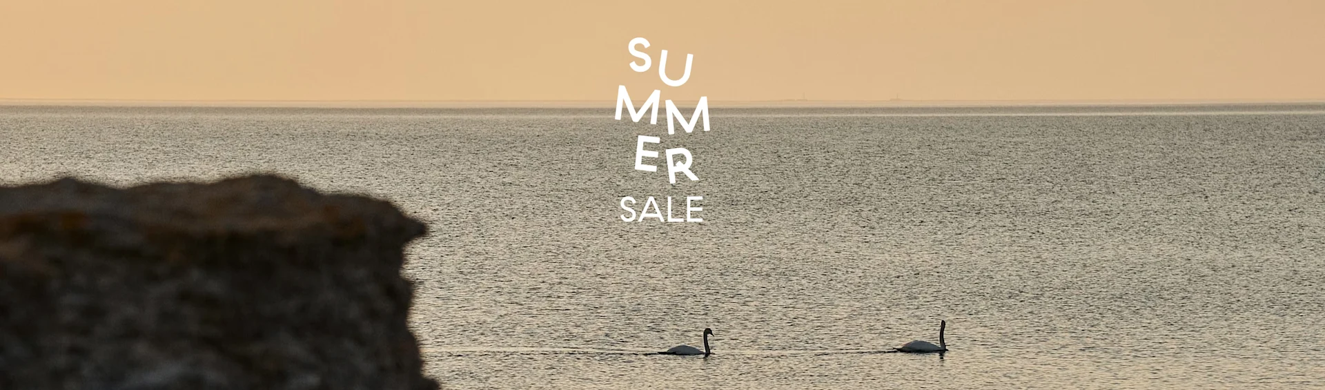 Two swans swim in calm water under a warm sky with a dark rock in the foreground and 'SUMMER SALE' text.