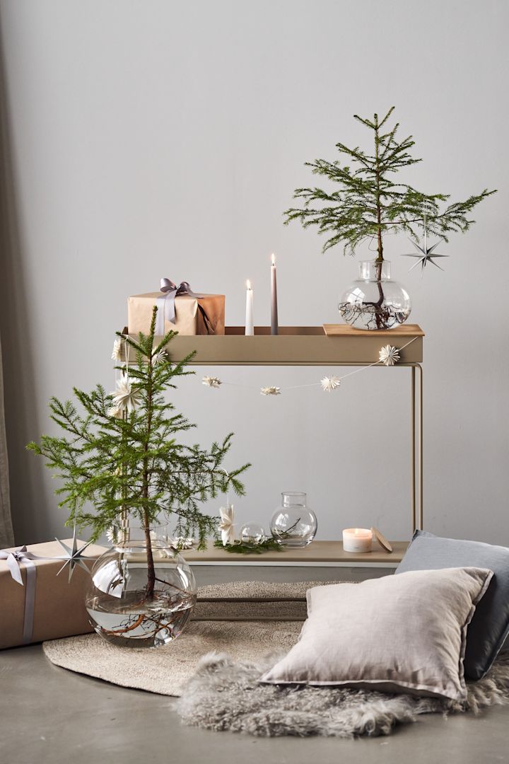 Decorate the Christmas tree with Christmas tree decorations for 2021 in 4 different styles according to Nest Trends - Nurture, Share, Boost and Cultivate. Here you see two mini Christmas trees in transparent vases from Ernst and By On next to Plant Box from Ferm Living in beige.