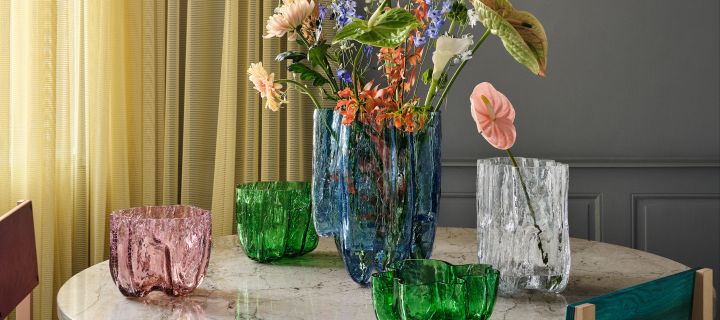 Beautiful glass vases from Kosta Boda from the Crackle series - a series of coloured glass vases with a cracked surface - here in green, clear glass and blue.