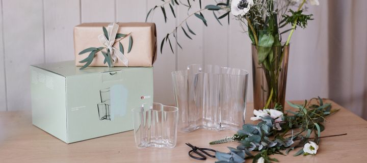 Iittala is a timeless brand and the popular Alvar Aalto vases, pictured here, are prized gifts to give away