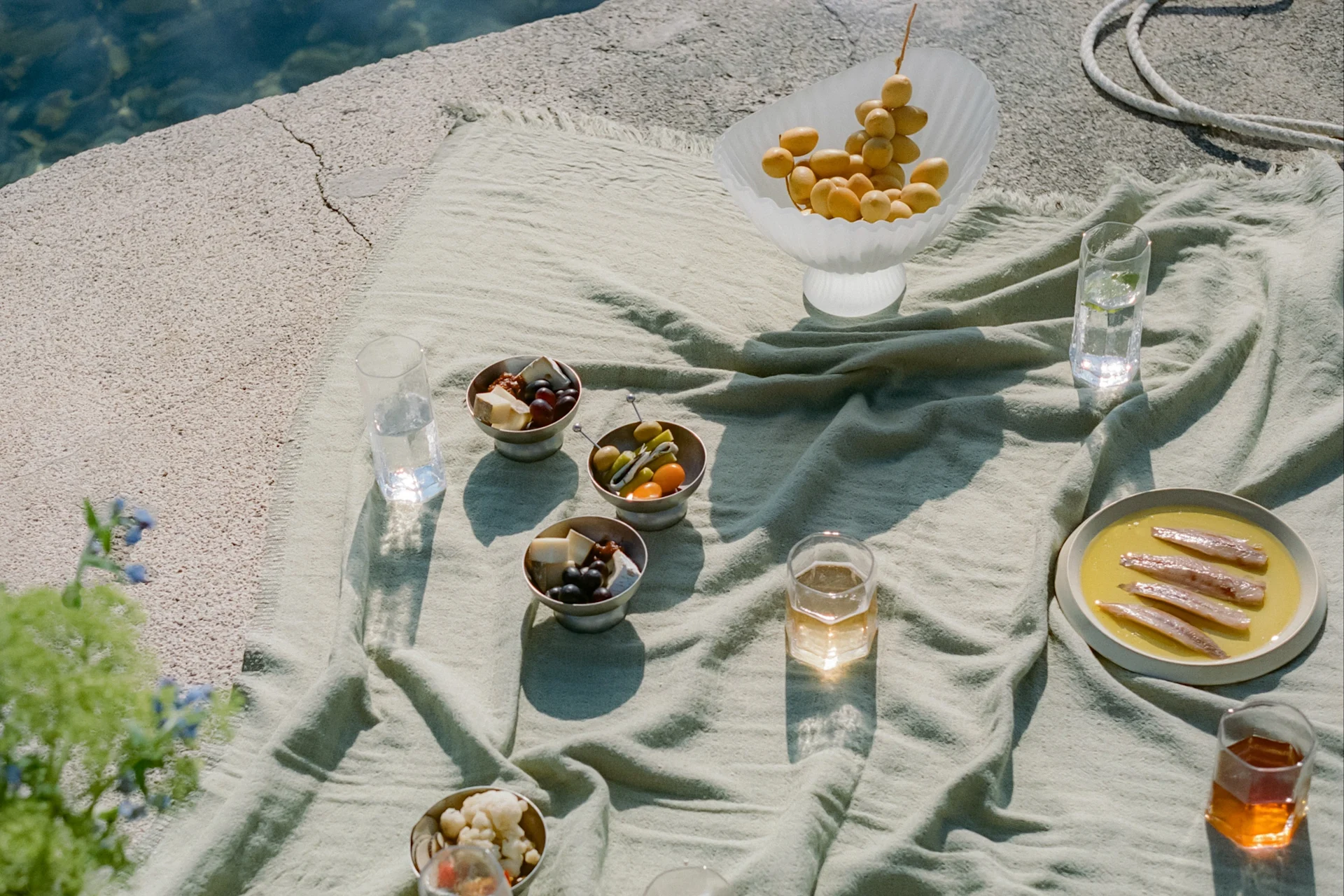 Picnic by the water with dates, cheese, olives, anchovies, and drinks on a green blanket.