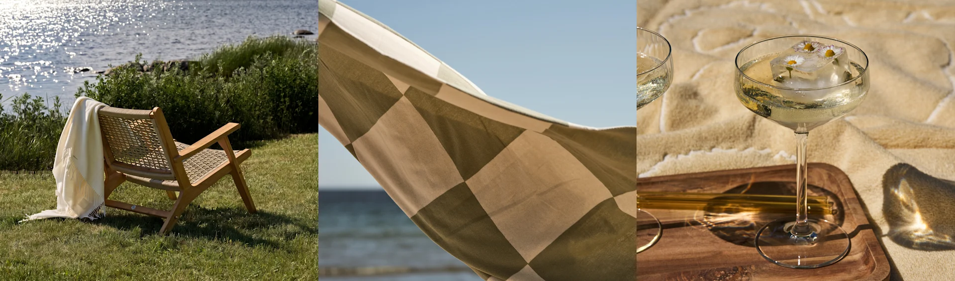A triptych: chair with blanket by water, checkered fabric against sky, and drinks with floral ice on a picnic blanket.