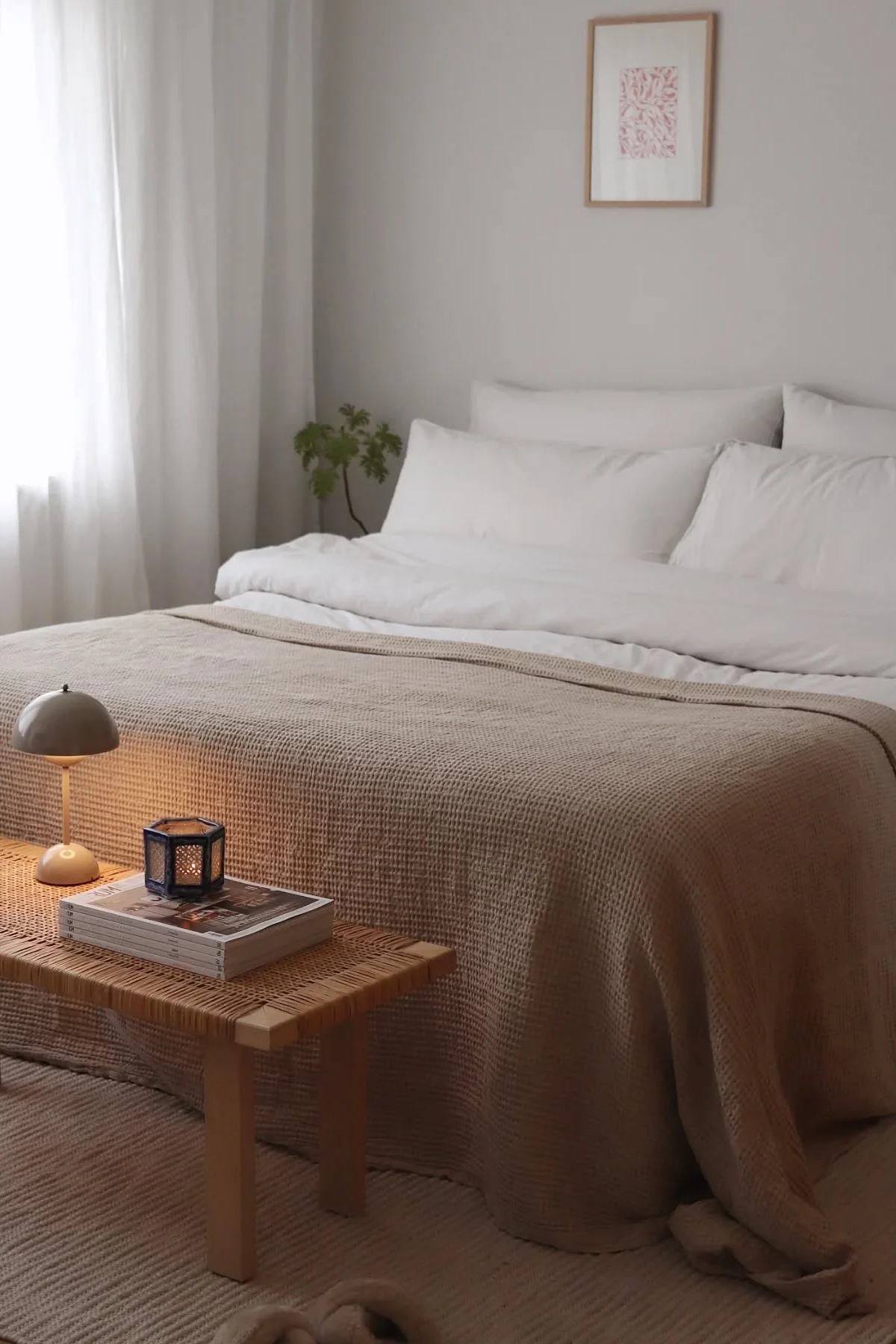 The Scandinavian bedroom decorated in Feng Shui style by @hemmahosfalk with the Flowerpot table lamp on a bench in front of the bed.