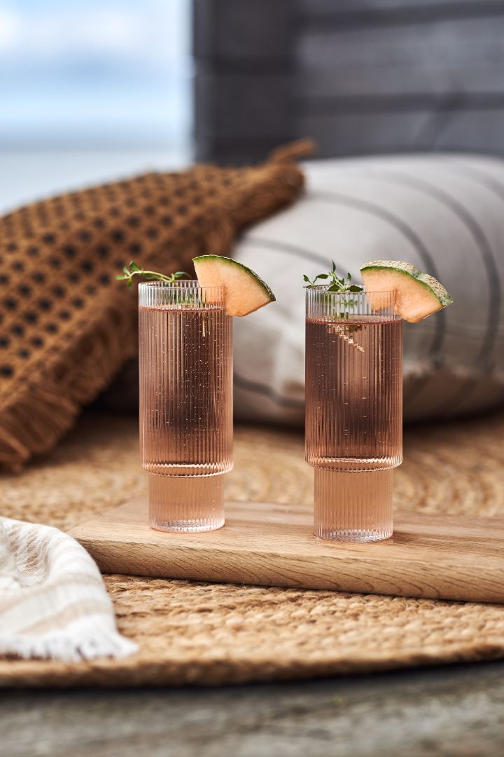 For a simple and refreshing summer drink try watermelon and prosecco, garnished with thyme and served in Ripple long drink glass from Ferm Living.