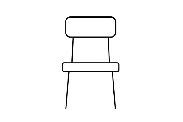 Line art drawing of a chair with a rectangular back and seat, all with rounded corners.