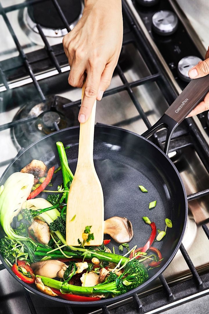 Asian vegetables are sautéed in the Eco Smartshape pan from GreenPan.