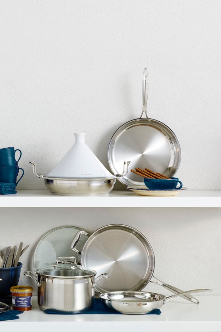 Stainless steel frying pan from Scanpan is in the kitchen.