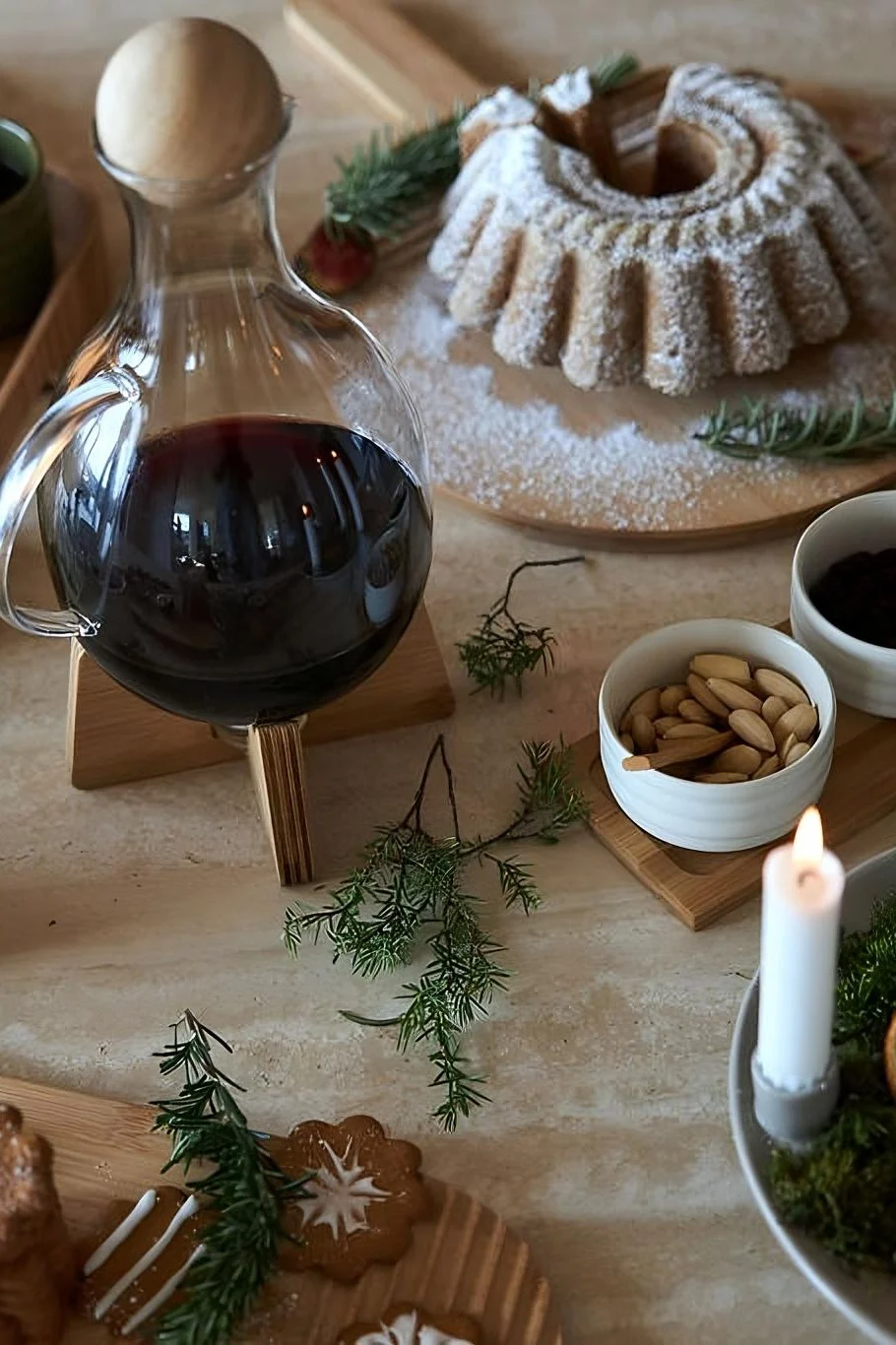 Swedish mulled wine, known as glögg, is best served in an appropriate jug. Here you can see the Nature Glögg jug from Sagaform standing on a table next to cakes and candles.