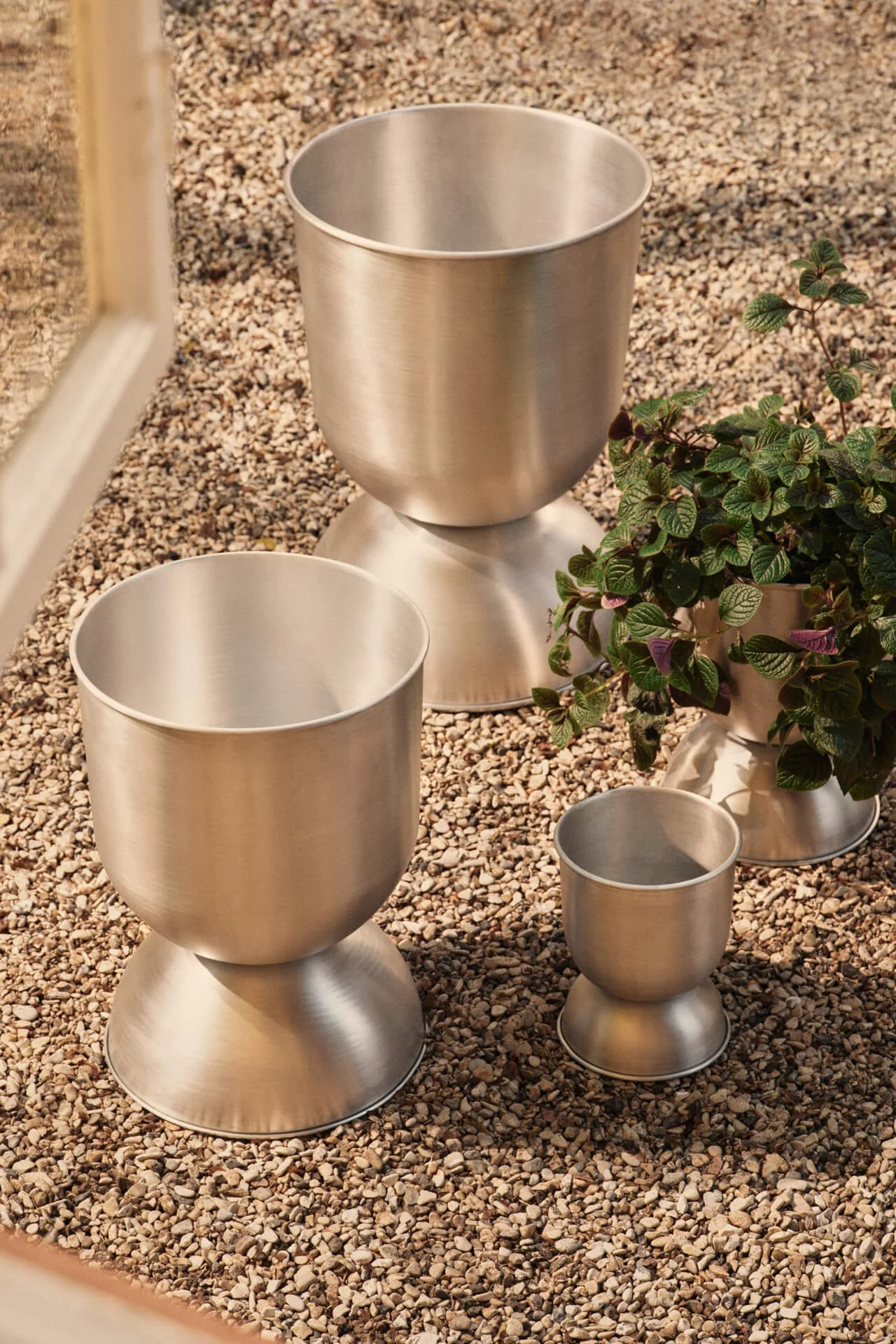 Three brushed metal planters of different sizes, one with a green plant, on pebbles.