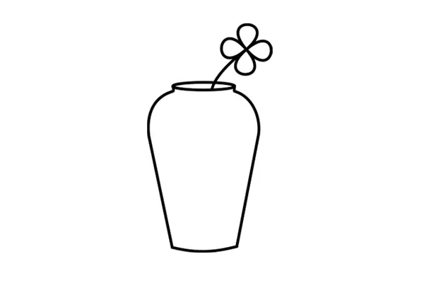 Line drawing of a vase holding a single four-leaf clover.