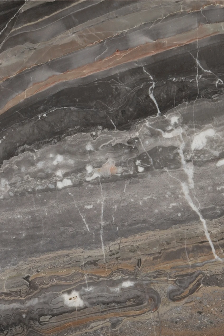 Dark grey marble with prominent white, light grey, and reddish-brown veins, forming wavy horizontal patterns.