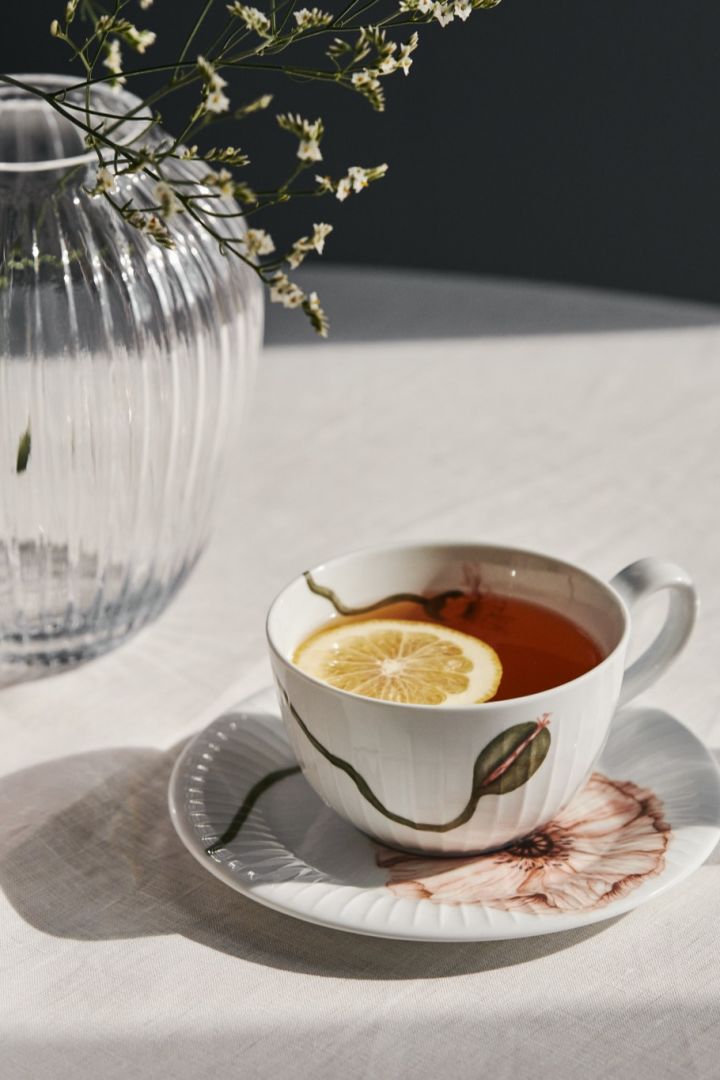 A cup of tea in the Poppy teacup and saucer from the Hammershøi range sitting happily in the sunshine!   