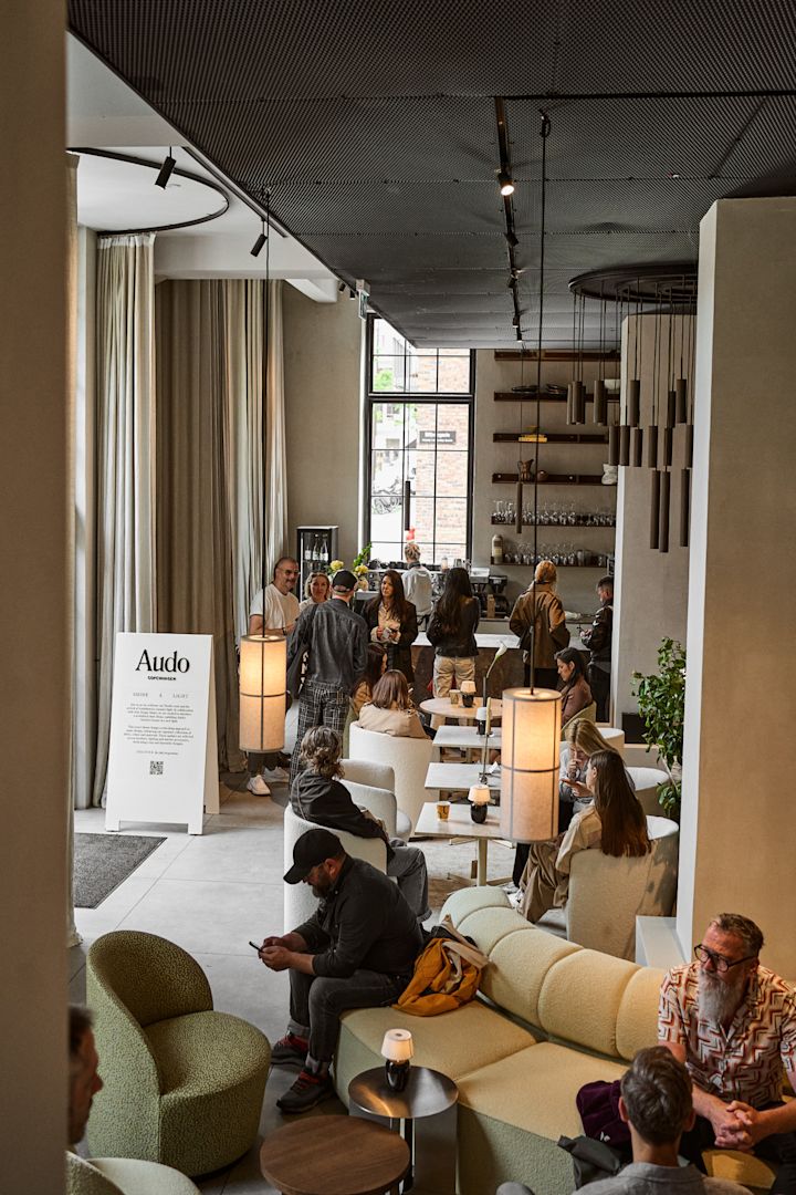 The restaurant at Audo House during 3 Days of Design, filled with design from Audo Copenhagen. It is the perfect place for lunch for any design lover on a Copenhagen city tour. 