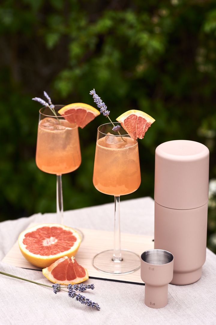 Grapefruit with a sprig of lavender is just one of several refreshing summer drinks we are testing this summer - served here in the Essence white wine glass.