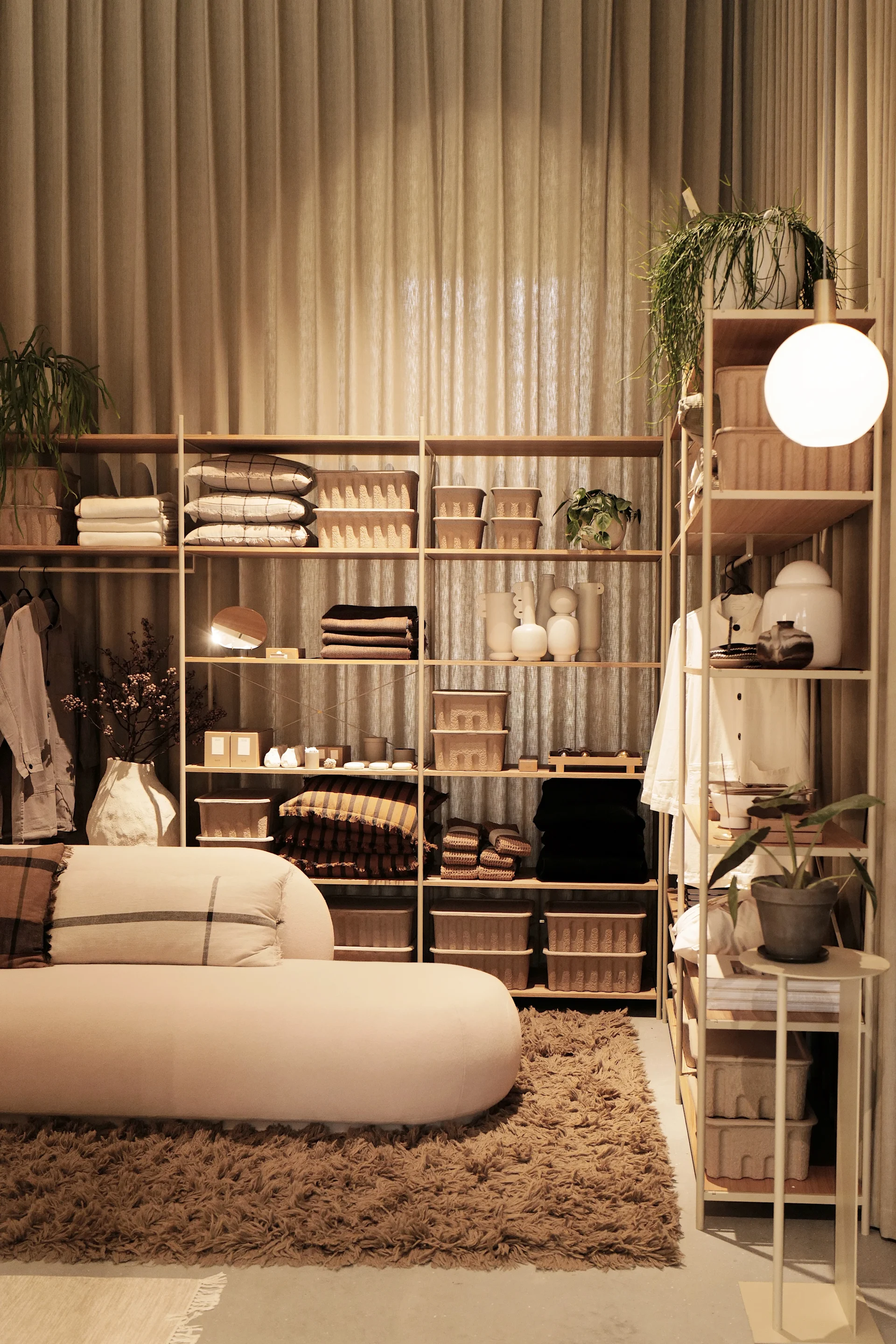A walk in closet in Ferm Living's showroom in Copenhagen, Denmark.