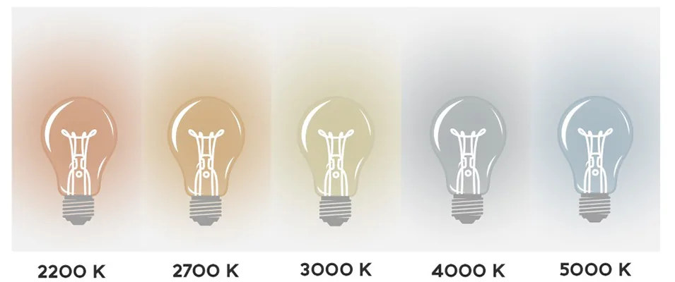 Choosing the right bulb - Illustration of the Kelvin scale with temperature from 2200K - 5000K. 
