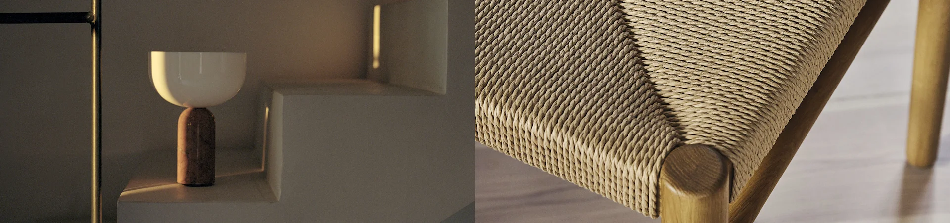 Close-up of a woven chair seat and a lamp on a shelf, showcasing textures and materials.