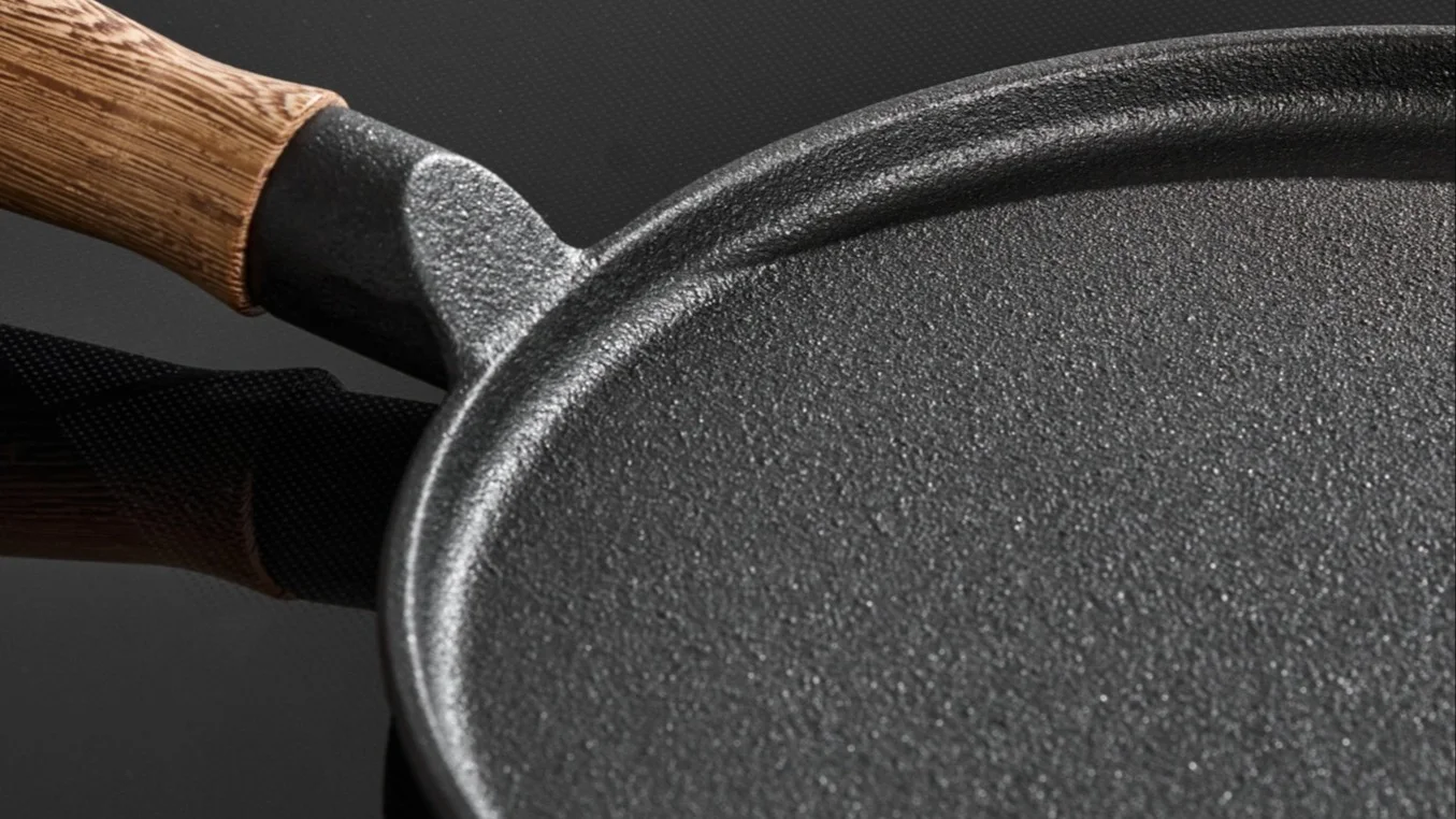 Close-up of a dark, textured cast iron pan with a light brown wooden handle.