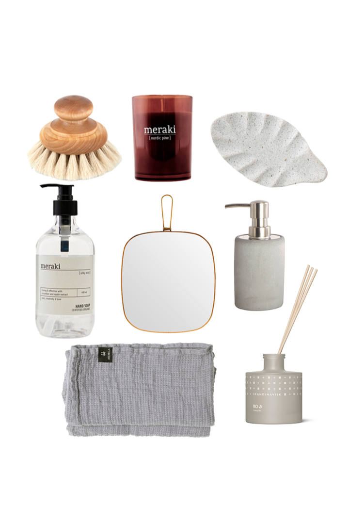 To make a wonderful home spa, a bath brush from Iris Hantverk, Bloomingville soap cup and House Doctor soap pump can fit well. Feel free to add soft towels from Himla, soap, scented candles and a practical small mirror from Meraki.