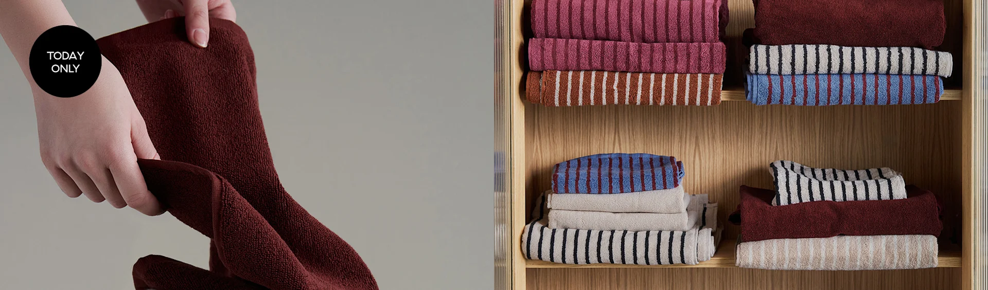 Hands folding a dark red towel with a 'TODAY ONLY' label, next to shelves of various striped towels.