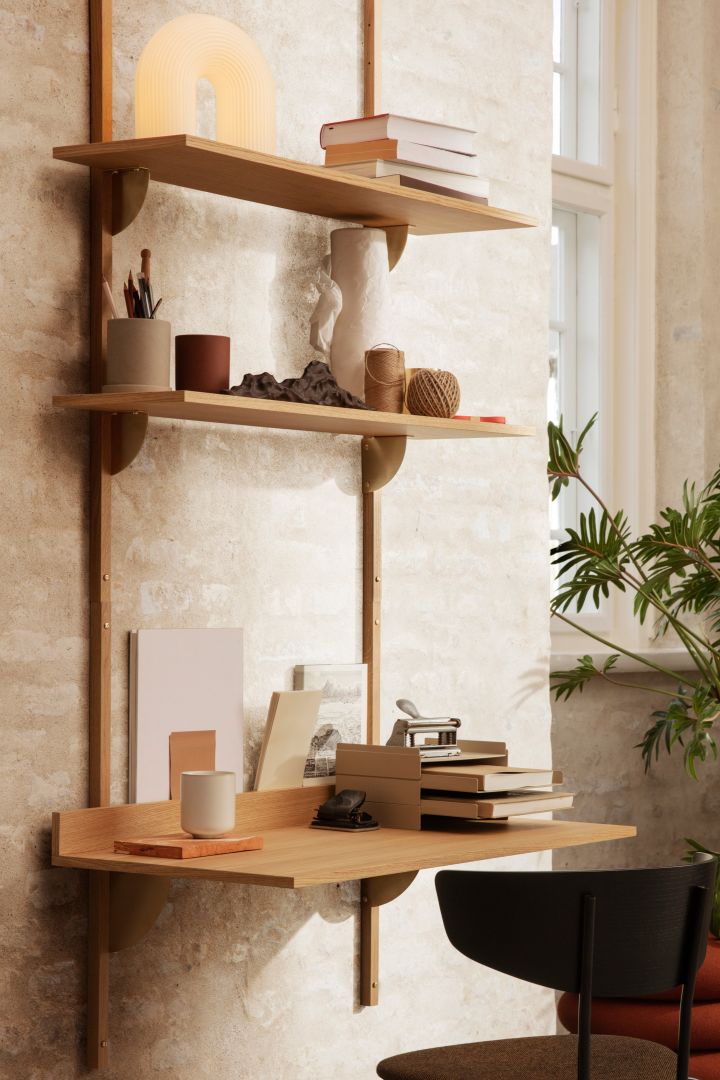Decorate your small home office with this simple desk / shelf solution from Ferm Living. 