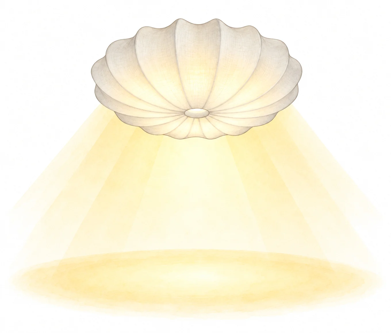 A pleated, off-white ceiling lamp casts warm, golden light onto a circular area below.