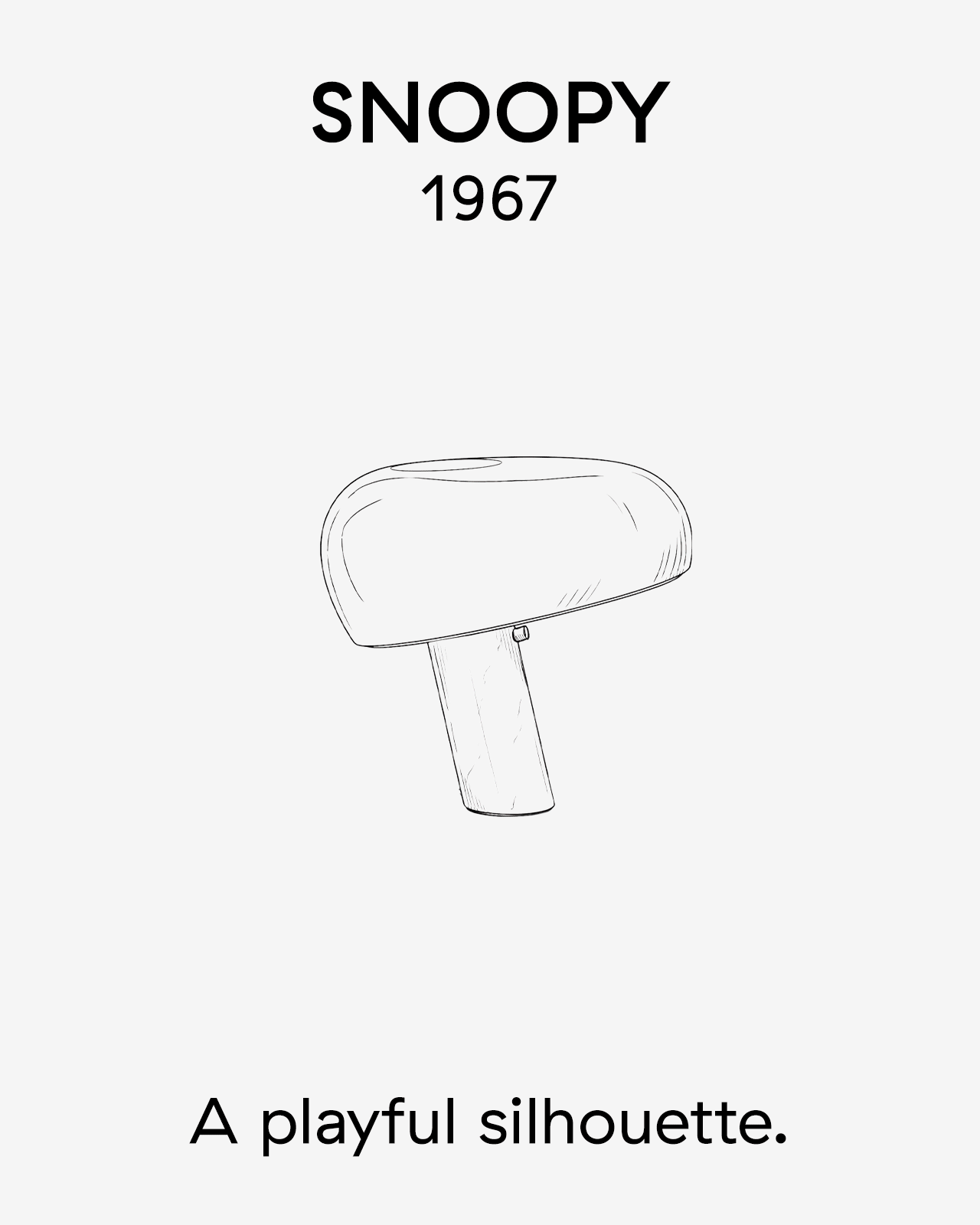 Line drawing of a Snoopy lamp from 1967, featuring a playful, mushroom-shaped silhouette.