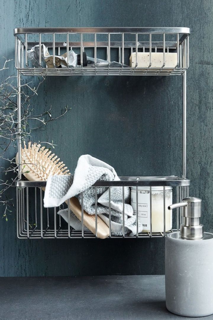Storage ideas for small bathrooms - here you see the House Doctor shower shelf, perfect for storing all of your shower gels and shampoos. 