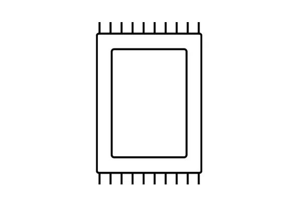 Outline of a rectangular rug with fringes on top and bottom.