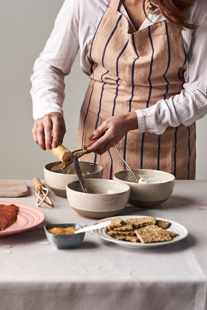 Grating horseradish with the Bloomingville brass grater into a Scandi Living Fossil bowl for one of the 4 simple starter recipes to try this new year.