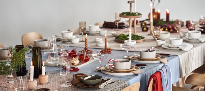4 different Christmas tablescape ideas, Cultivate, Nurture, Boost and Share on one long Christmas table. 