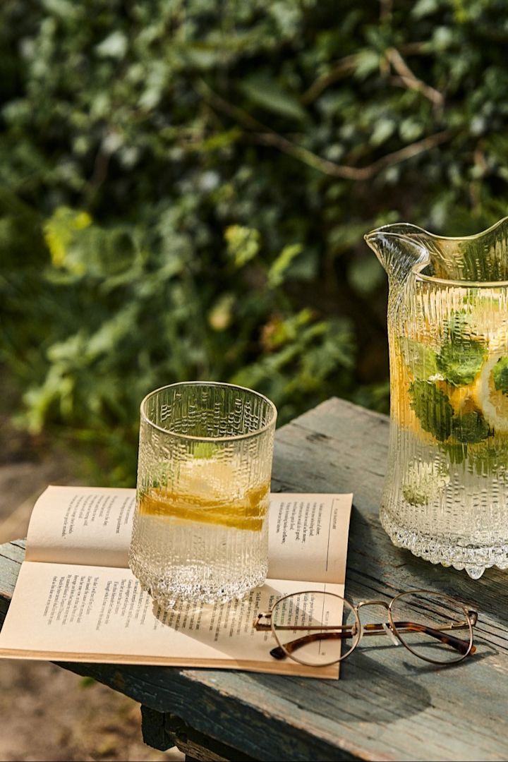 Summer Breeze is a lemon and mint mocktail served here in the garden in an Ultima Thule highball glass from Iittala.