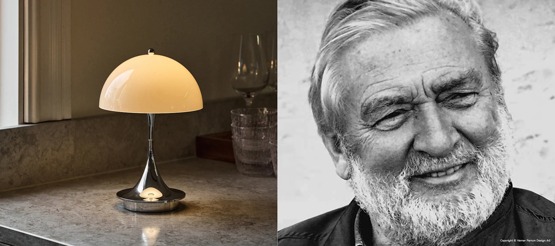 A collage of a portrait of Verner Panton and a Panthella table lamp he designed on a kitchen counter.