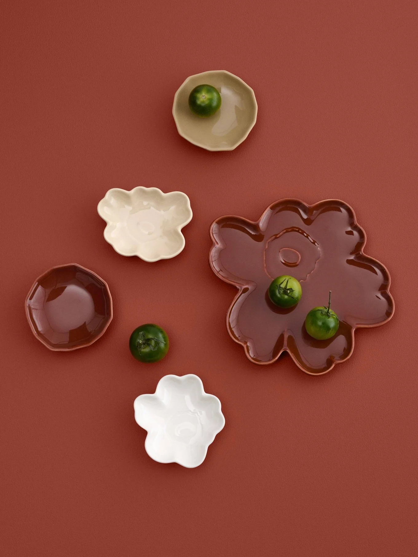 Assortment of small, irregularly shaped plates in cream, white, and brown with small green fruits, on a reddish-brown background.