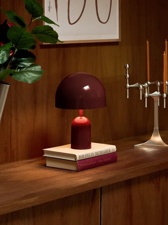 A wooden shelf displays a silver fluted vase with dark red flowers, a lit burgundy mushroom lamp on stacked books, and a silver candelabra.