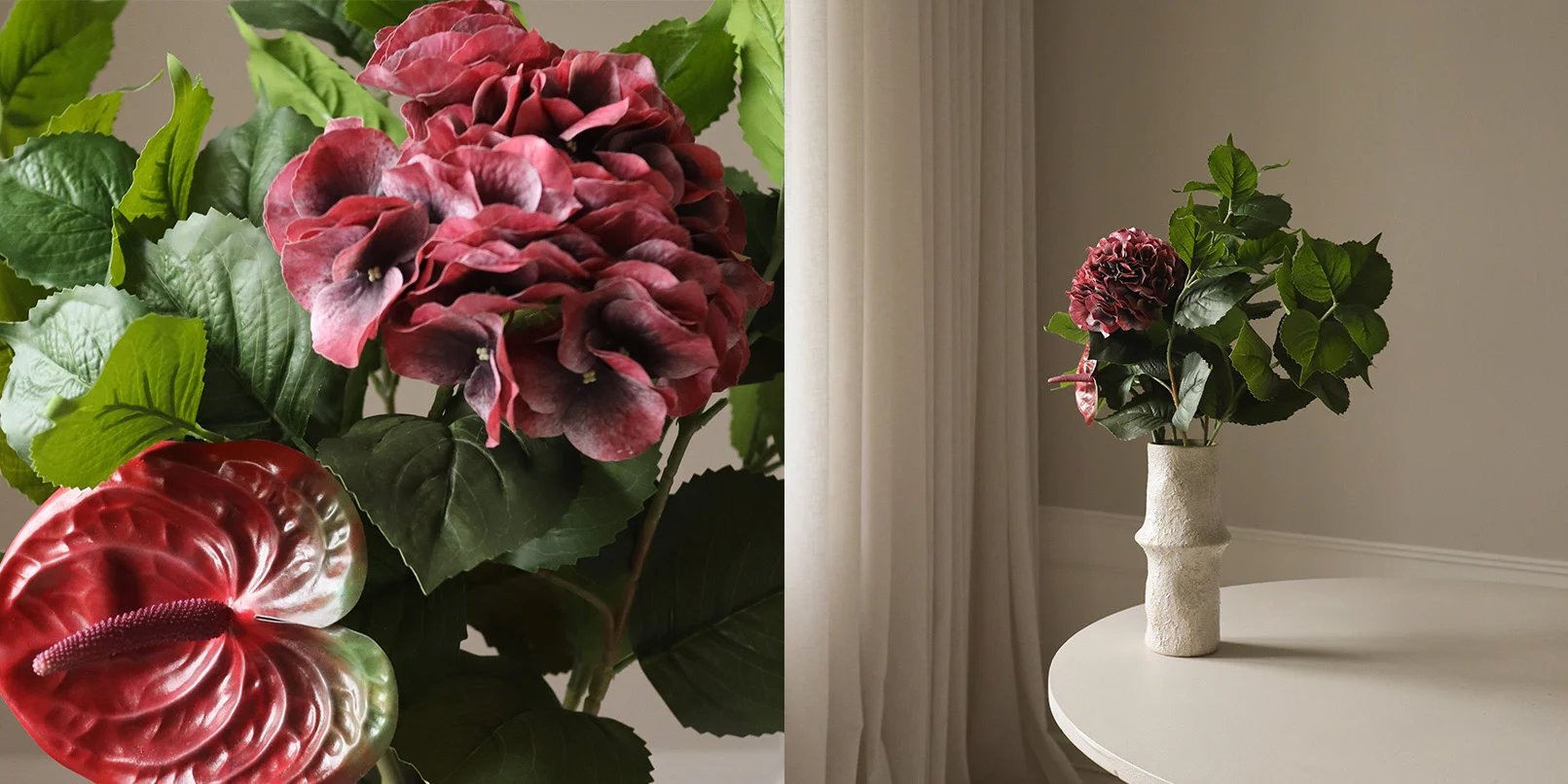 Close-up of dark red artificial flowers and a red anthurium, with a wider shot of them in a textured vase on a light table.