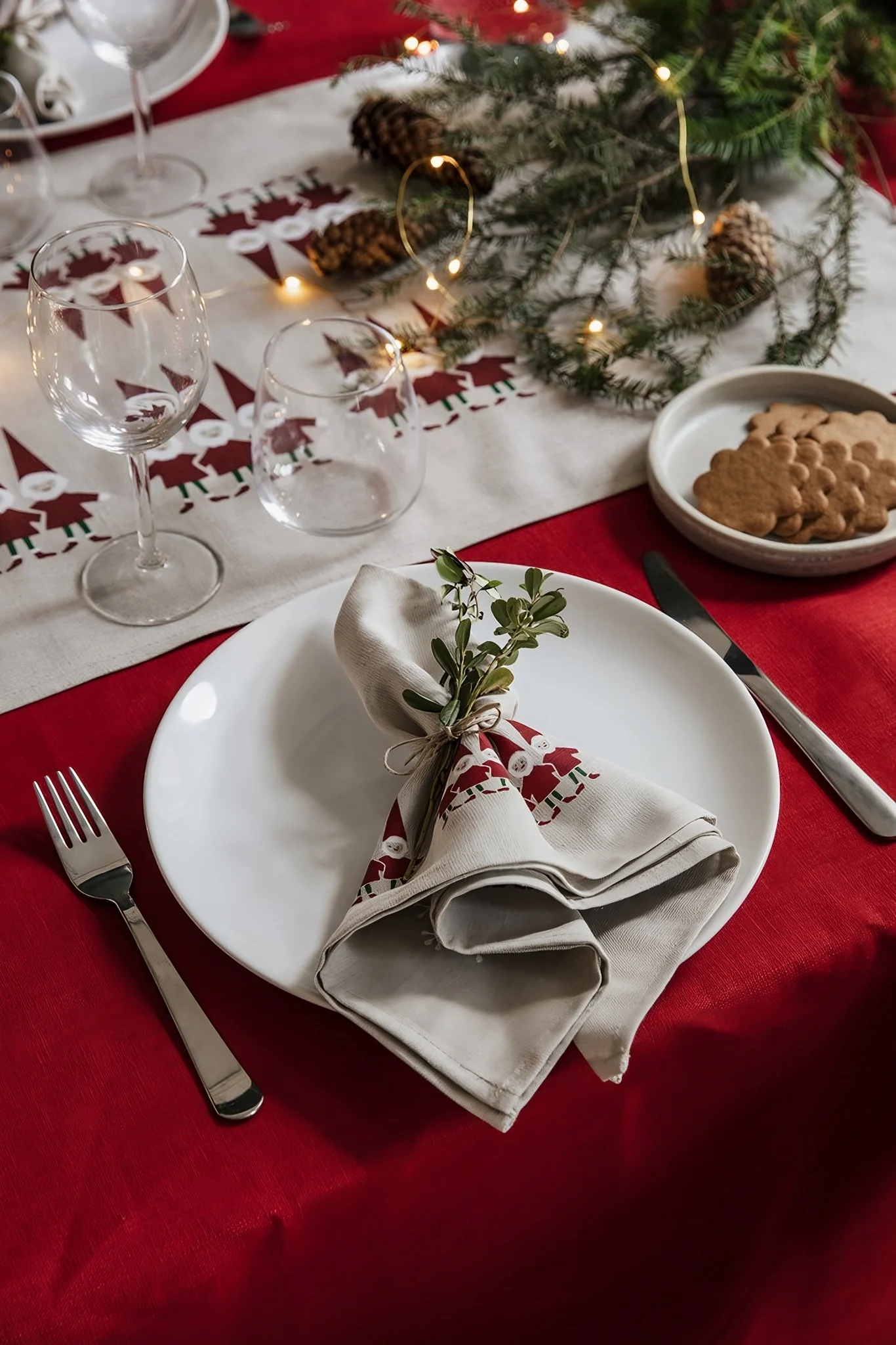 A table cloth with a Jultomte motif, one of Sweden's oldest Christmas traditions. 
