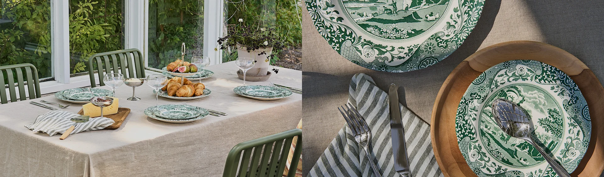 Dining table in a bright sunroom, set with green patterned plates, croissants, and figs. Close-up of plate and cutlery.