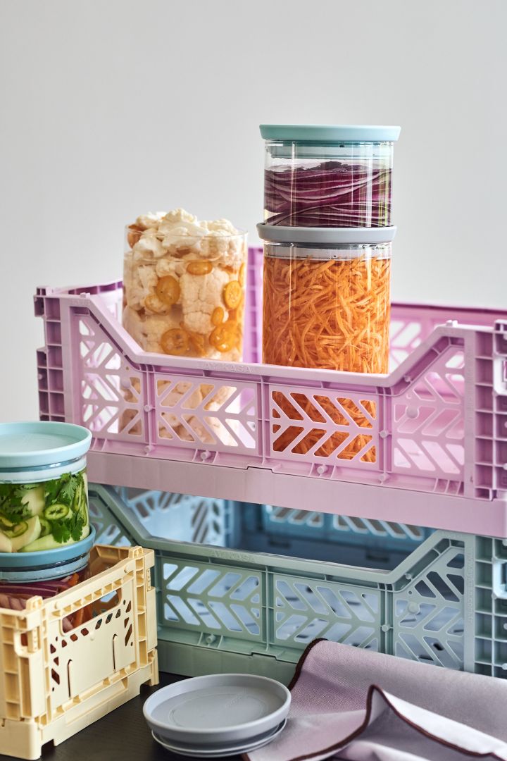 Our interior 2022 is playful and flirts with 80s pastels and pops of neon! Here are the fun and practical storage crates from HAY. 